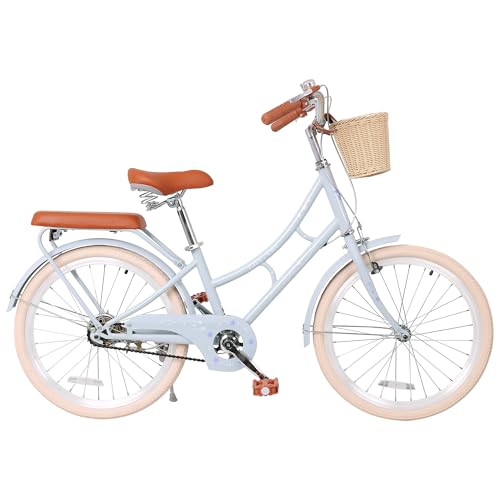 Beuiosda Blue 22 Inch Girls Bike Kids Beach Cruiser Bike with Basket and Kickstand, Single Speed Kids Bicycles for 8+ Years Old Girls Bikes, Steel Frame Bicycle, No Training Wheels Included