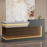 Laxodor 86.6“L-Shaped Reception Desk with Counter,Modern Reception Desk,Front Counter Table with Adjustable File Cabinet & Keyboard Tray,for Office, Hotel,Financia/Law Firms (Brown+Gray+White)