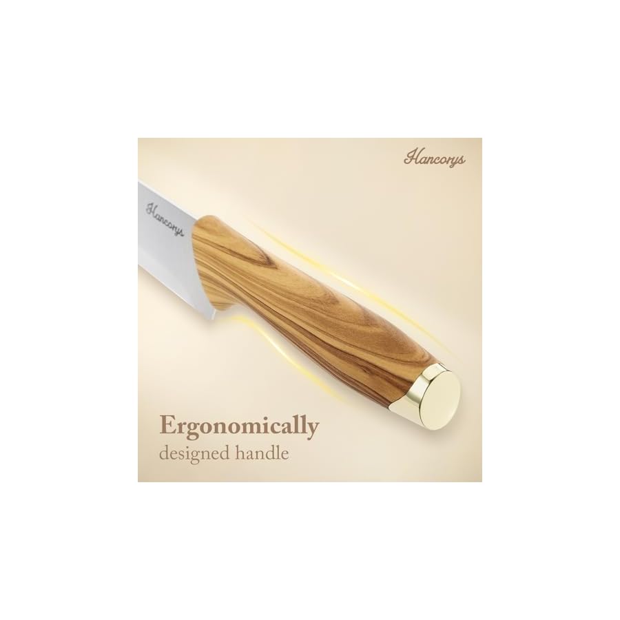 Knife Block Set, Kitchen Knife Set with Sharpener, German Stainless Steel Gold Knives Set with Block and Ergonomic Wood Grain Handle, Ultra Sharp Cooking Knives