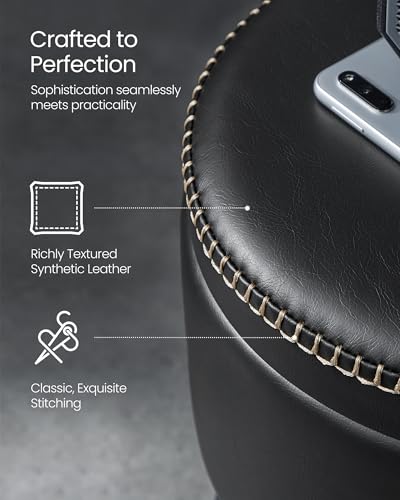 Image of VASAGLE EKHO Collection - Storage Ottoman, Vanity Chair Stool, Synthetic Leather with Stitching, Mid-Century Modern, Round Storage Seat with Steel Legs, Loads 330 lb, Ink Black ULOM005BH08