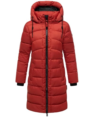 MARIKOO Damen Langer Wintermantel warmer Steppmantel mit abnehmbarer Kapuze Kaltnäschen 16 Dark Terracotta Gr. M