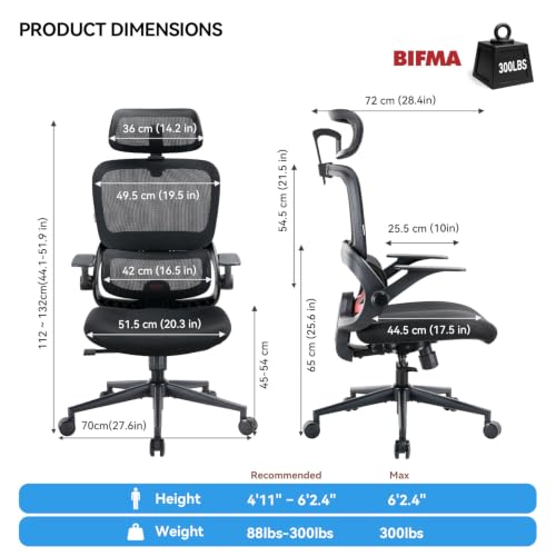 Image of SIHOO B100 SE Ergonomic Mesh Office Chair, Desk Chair with Lumbar Support | Soft Memory Foam, Flip-up Armrests, Computer Chair for Home Office, 3-Gear 135 tilt, Hold 300lbs - Black