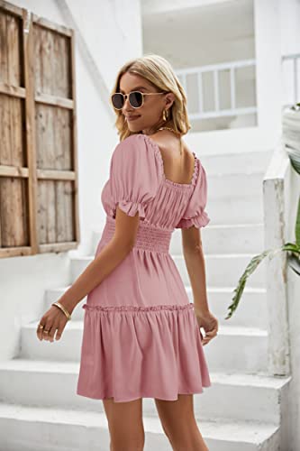 Image of Womens Babydoll Mini Dress Casual Square Neck Short Sleeve Summer Dresses | Empire Waist, Smocked, Flowy, Short Beach Dress, Vacation, Floral, Boho