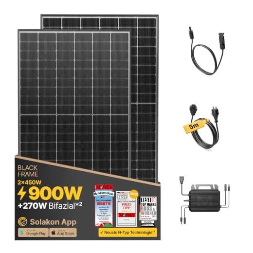 Solakon® 900W Balkonkraftwerk - Balkonkraftwerk 800W komplett Steckdose - neuester 800 Watt Wechselrichter - Solaranlage Komplettset - 450W bifaziale Solarmodule inkl. Zubehör - 5m Kabel