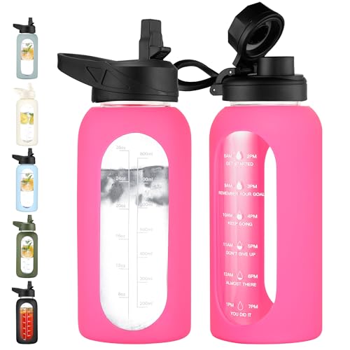 Image of CIVAGO 32 oz Glass Water Bottle with Straw and Handle, Large Sports Motivational Water Bottle Flask with Time Marker and 2 Lids, Leakproof Water Jug Canteen with Silicone Sleeve for Gym,Camelia