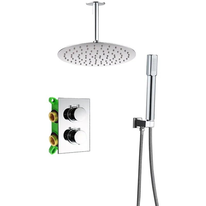 Douche thermostatique avec robinet chrome double poignée et pommeau de douche mural