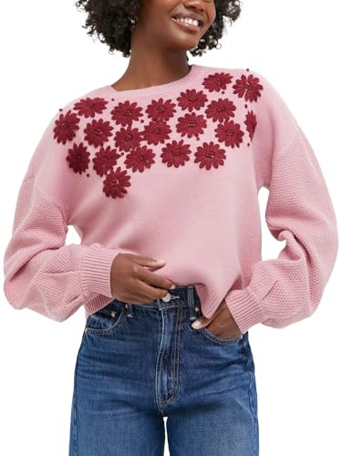 Women Embroidered Floral Sweaters Knitted Crewneck Long Sleeve Pullover Casual Loose Fall Tops