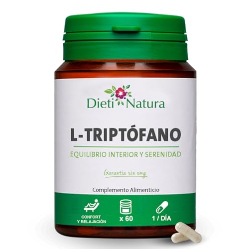 Dieti Natura L-Triptófano 60 Cápsulas - 1 Cápsula al Día - Aminoácido Esencial para Equilibrio Emocional - Complemento para Dormir Bien y Reducir Estrés - Precursor de Serotonina y Melatonina Sueño