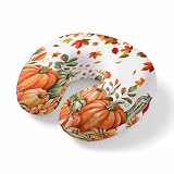 ZRNLTDGHK Neck Pillow Autumn Thanksgiving Pumpkin Watercolor Travel Pillow Memory Foam U Shaped Pillows, Orange Maple Leaves Travel Neck Pillows for Airplane Car Office Home Sleeping Rest