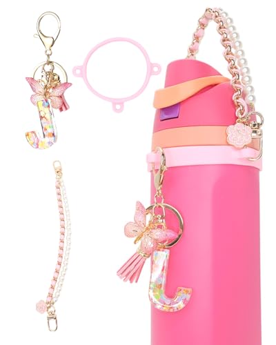 TOVICE Letter Charm Accessories for Owala Water Bottle 24-40oz, 3PC Cute Initial Charms & Water Bottle Handle Strap with a Thick Elastic Silicone Ring Holder (Pink, J)