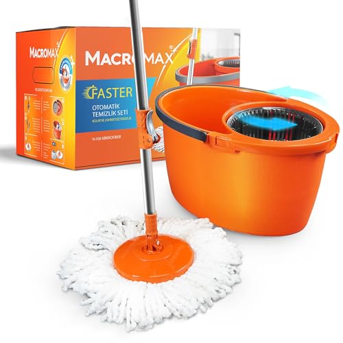 Macromax - Set di pulizia con mocio rotante automatico, 16 l, 100% microfibra, manico telescopico, lavaggio automatico e cestello rimovibile per asciugare, realizzato al 90% in materiale riciclabile