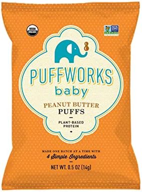 Puffworks Baby Organic Peanut Butter Puffs, Perfect for Early Peanut Introduction for Allergy Prevention, Plant-Based Protein, USDA Organic, Gluten-Free, Vegan, Non-GMO, Kosher, 0.5 Ounce (Pack of 12)