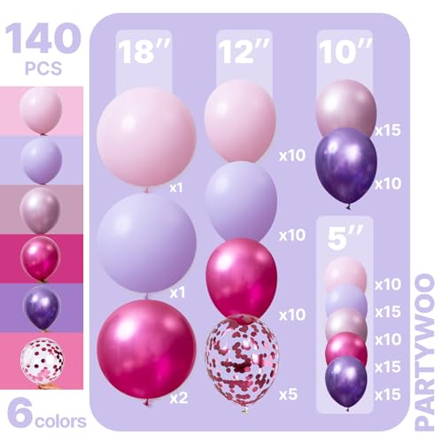 Image of PartyWoo Pink and Purple Balloon Arch Kit Garland 140pcs Different Sizes of 18 12 10 5 Inch Metallic Baby Pink Hot Pink Chrome Light Purple Gold Confetti Balloons Birthday Party Decorations