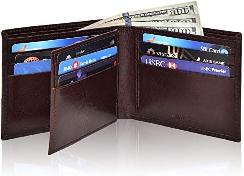 Genuine Leather Minimalist Wallet with RFID protection 9 Credit Card and 2 ID Slots, Sleek Bifold Wallet for Men