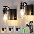 Battery Operated Wall Sconce Set of Two, USB Rechargeable Wireless Wall Lights with Remote Timer, Dimmable Touch Wall Lamp with Clear Glass Shade, Wall Decor for Bedroom Living Room Hallway, Black