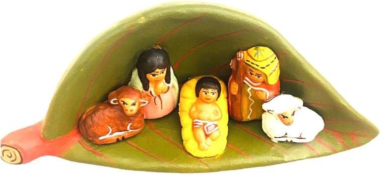 Peruvian Nativity in a Leaf, Nativity Scene, 6x2.5, Ceramic, Peruvian, Christmas Indoor Small Decor, Ornaments,. Nativity Scene