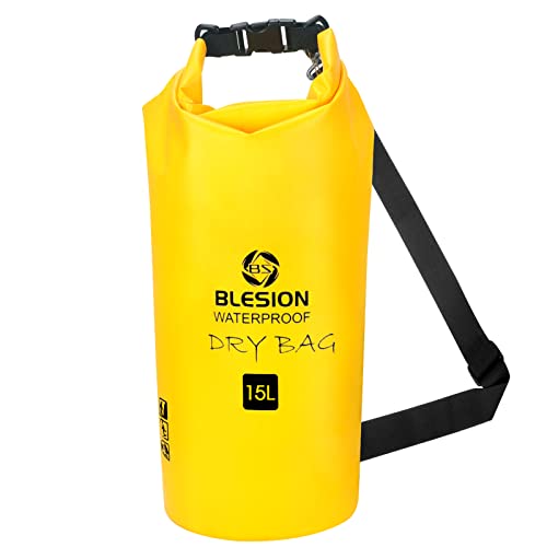 BLESION Dry Bag 5L/10L/15L/20L/30L wasserdichte Tasche Verstellbarer Schultergurt, Wasserdichter Rucksack für Kajakfahren, Angeln, Schwimmen, Camping, Wandern Reisen, Wassersport Treiben (Gelb, 15L) Cover