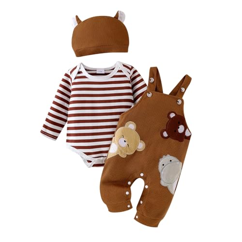 Image of FOCICI Baby Boy Clothes Newborn Striped Romper Fall Outfits + Infant Cartoon Suspender Overall + Cute Hat 3 Pcs 0-18 Months