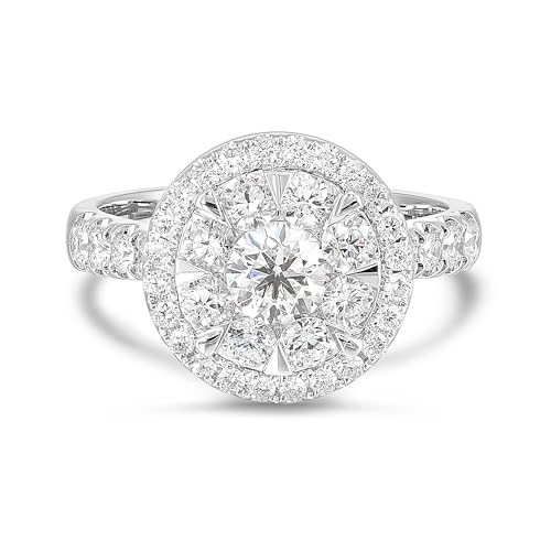 Diamond Delight 1 2/3 Carat Real Natural Diamond Round Halo Ring for Women - 14k White Gold Engagement Ring for Her - Stunning Halo and Pave Band (H, VS1, 1.60 cttw) - Promise Anniversary Band Size 7