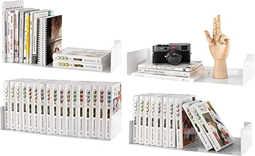 SHIOK DECOR Metal Floating Bookshelf | Heavy Duty Wall Mounted Book Organizer | Metal Shelves Holder for Books| Large Size - White - Pack of 4