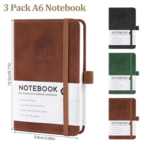 Hopton Notizbuch A6, 3 Stück Notizbücher Set, 192 Seiten,80 g/m²,Leder Notizblock, Klein Notizbuch A6 Liniert, Journal Notebook, Reisetagebuch, Prägebaum Design(Braun, Grün, Schwarz)