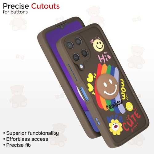 Image of Pikkme Back Cover for Samsung Galaxy M12 / F12 / A12 | Soft Silicone| Cute Rainbow Smile & 3D Cartoon Flower Design | Shockproof Raised Camera Protection Bumper Case (Brown)