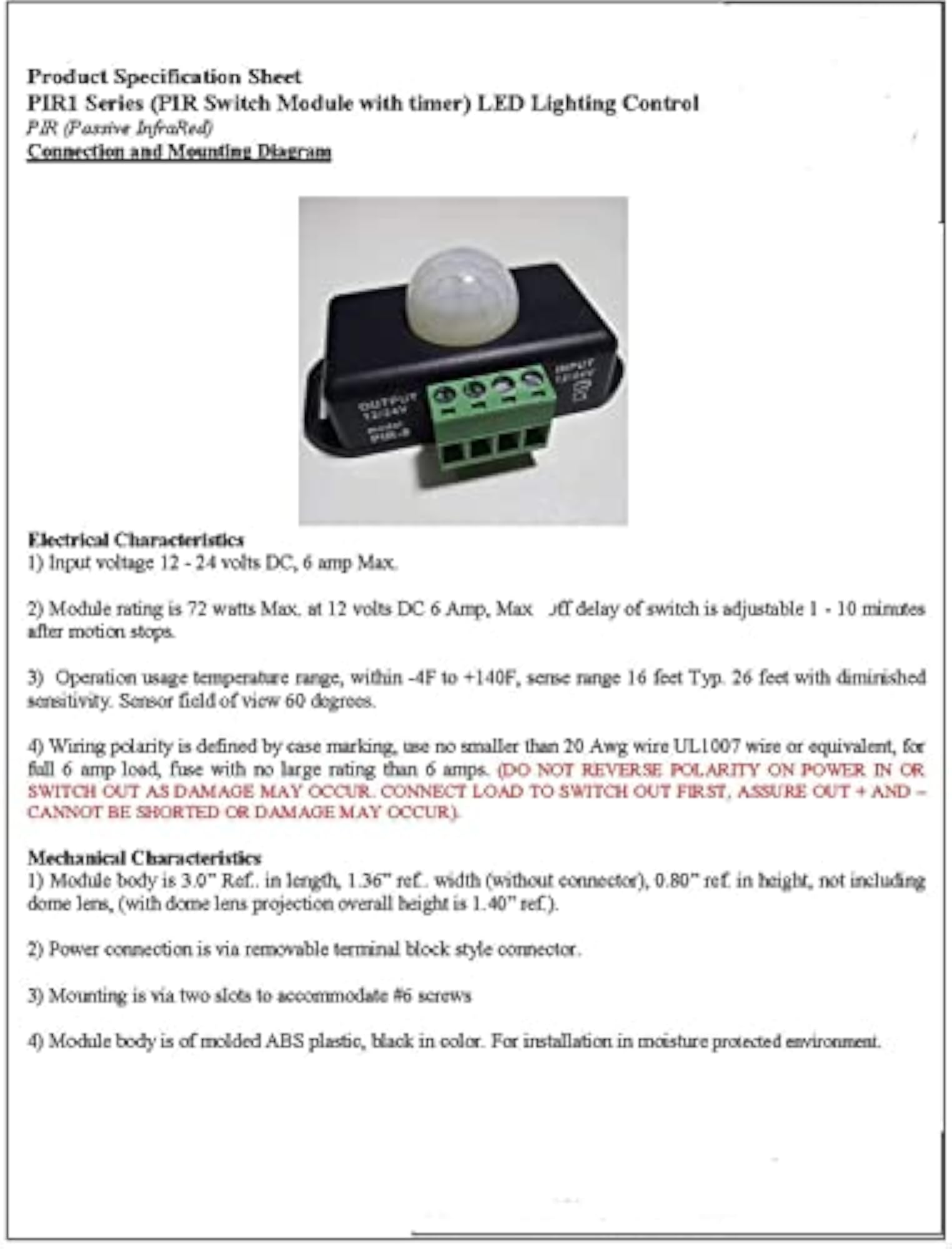 12V 24V PIR Sensor LED Dimmer Switch Motion Timer Function