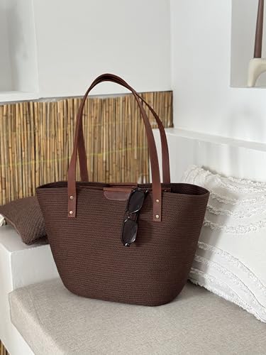 Brown Woven Tote Bag for Women with Genuine Leather Straps, Casual Beach Bag, Summer Handbag, Large Capacity Shoulder boho bag, handmade shoulder bag4