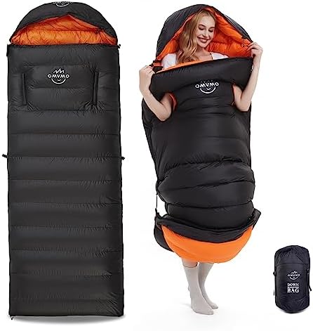 OMVMO 20 Degrees F Down Sleeping Bag for Adults, Ultra-Light & Compact, Wearable with Arm Holes, 4-Season Envelope Down Fiber Sleeping Bag for Backpacking & Camping
