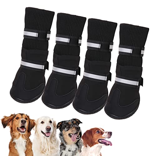 SUNFURA Warm Dog Boots Winter Dog Shoes, Reflective Large Dog Booties with Rugged Anti-Slip Sole and Fleece Lined for Hiking, Outdoor Pet Sneakers Paw Protectors for Medium Large Dogs
