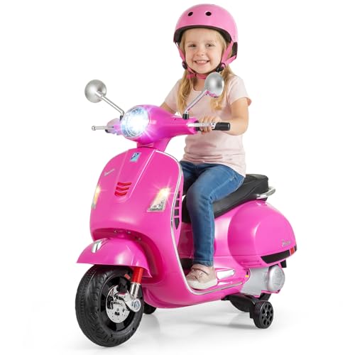 Licensed Vespa 12V Kids Motorcycle by INFANS with Training Wheels, Music, Story, Horn, Lights for 3-6 Years (Pink)