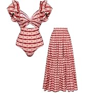 FLAXMAKER Women's Ruffled Shoulders and a Cutout Design at the Waist One-piece Swimsuit and Skirt