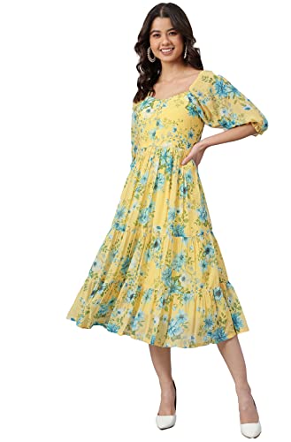 Janasya Women’s Yellow Georgette Floral Print Flared Western Dress(J0433, M)