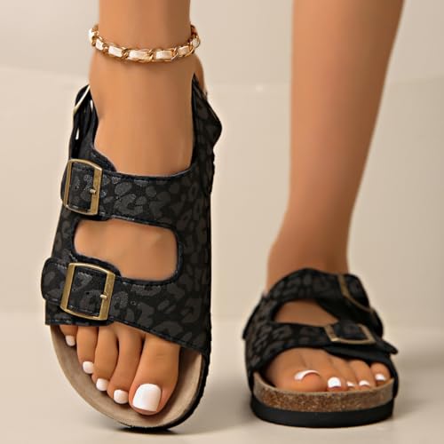 Large-sized women's leopard print thick-soled sandals - Adjustable buckle and toe opening design, artificial leather fabric and rubber outsole, suitable for casual or formal wear, durable2