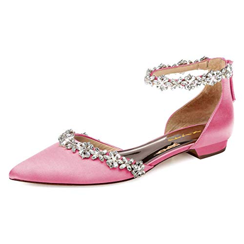 Image of XYD Women Classic Pointed Toe D'Orsay Wedding Flat Sandals Sparkly Rhinestones Ankle Strap Low Heel Dress Shoes with Zipper