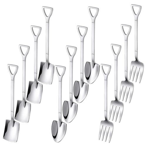 TPBSITNS 12PCS Shovel Spoon Fork Set, Stainless Steel Spade Shape Dessert Spoons Tableware, Creative Teaspoons Ice Cream Spoons Coffee Latte Spoon for Fruit Cake Family Party Restaurant