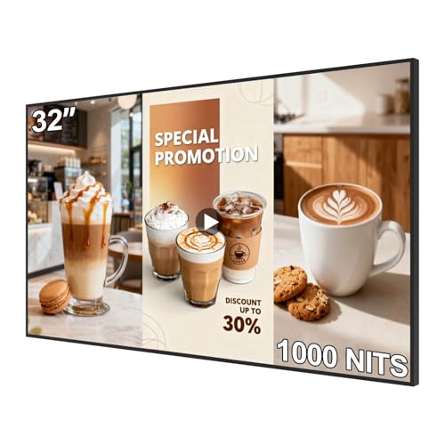 Image of 32Inch Wall Mount Digital Signage, 1000nits High Brightness Slim Frameless Advertising Display, Touchscreen Commerical Display LCD Monitor with CMS /U-Disk Plug&Play, Split Screen, 7 /24 Timer switch