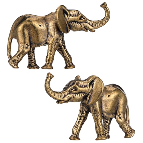 Veemoon 2 figuras de elefante de latón, adorno de mesa de elefante pequeño, decoración vintage mini Fengshui, estatua pequeña de la suerte, dorada, manualidades, animales para el hogar, oficina