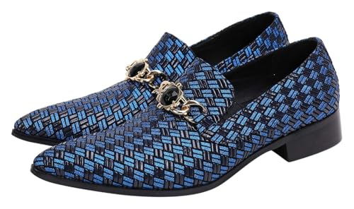 Mens Genuine Leather Loafers Rhinestone Buckle Casual Slip On Dress Shoes Fashion Pointed Toe Shoes for Men