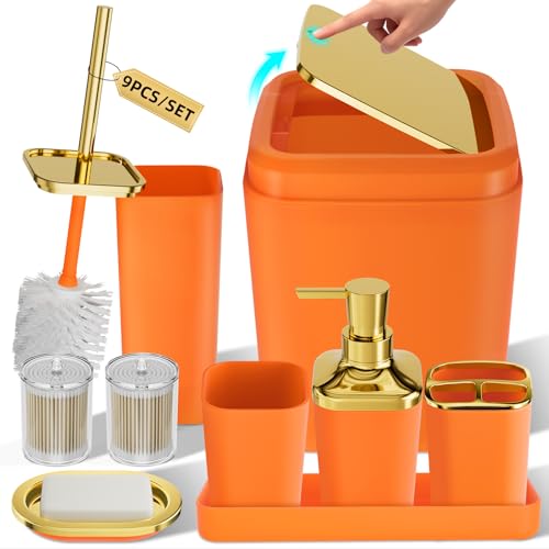 XLHOMO Bathroom Accessories Set - Luxury Orange Bathroom Set 9 Pieces Bathroom Accessory Set Orange Bathroom Accessories with Trash Can Toilet Brush & Soap Dispenser