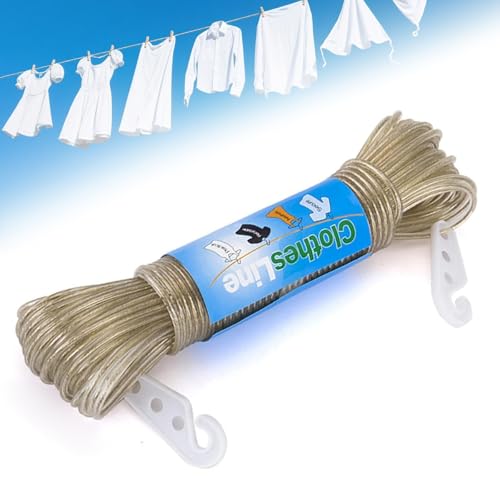 20M Washing Line Rope Clothesline with Steel Core, Heavy Duty Laundry Lines with 2 Tensioners, Clothes Drying Rope PVC Covered Clothes Line for Garden, Outdoor, Indoor