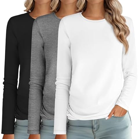 Ficerd 3 Packs Women's Long Sleeve Shirts Crew Neck Shirts 2025 Fall Tops Basic Tee Casual Loose Fit Clothes Outfits Blouse(Black, Gray, White,M) Cover