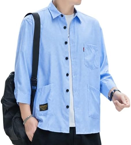 （14:30時点） [foveitaa] シャツ メンズ 夏服 オックスフォードシャツ 七分袖 おしゃれ ワイシャツ 大きい サイズ ゆったり アイスシルク 涼しい 涼感 吸汗速乾 汗染み防止 カジュアル シンプル オシャレ 快適 軽い 柔らかい 無地 Light blue-M