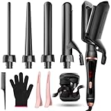 5 in 1 Curling Iron Set with Hair Crimper Waver and 4 Interchangeable Ceramic Barrels Curling Wand Set with Flat Iron, Fast Heating, Dual Voltage Hair Curler, Gifts for Women