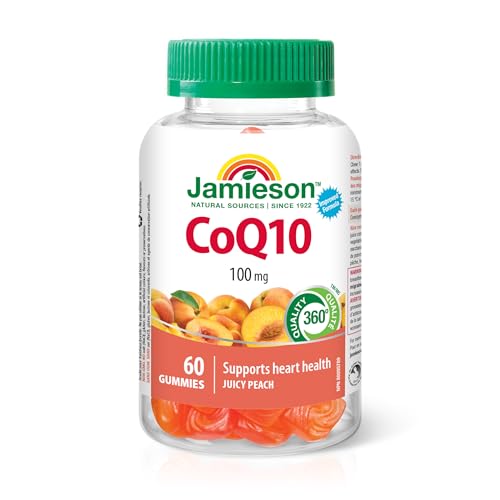 Jamieson Laboratories - Jamieson CoQ10 100 mg Gummies Juicy Peach Flavour, Coenzyme Q10, Supports Heart Health and Reduces Frequency of Migraines. Potent Antioxidant, Vegetarian, Gluten-Free, No Artificial Colours, Flavours, or Preservatives, 60 Count