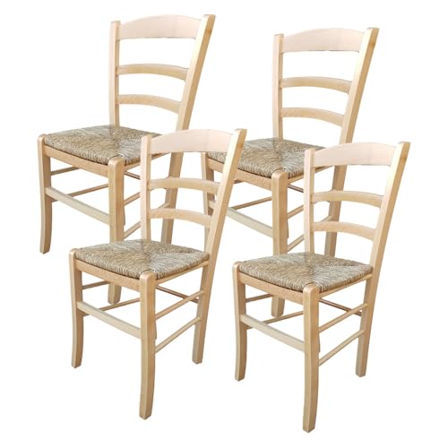MA MAISON Set Sedie in Legno con Seduta in Paglia - Ampia, Compatta, Schienale Alto, Robusta, Paesana, Rustica, per Cucina, Agriturismo, Ristorante, Soggiorno - 45×45×88 CM (4, Naturale Laccato)
