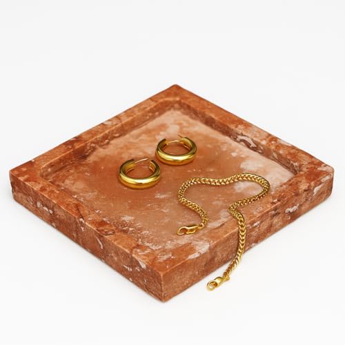 noadre Natural Travertine Marble Square Jewelry Tray, 4.9" – Decorative Stone Accessory Dish for Rings, Earrings, Necklaces, Perfume and Keys, Gift for Women (Red)