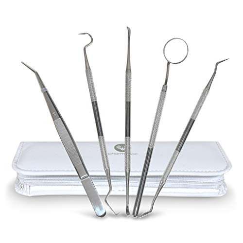 PharMeDoc Dental Hygiene Kit with Case - Professional Grade Dentist Tool - Soft Steel Cleaning Set for White Teeth and Healthy Gums - Tartar Removal - Mirror and Scaler