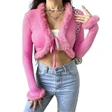 Women's Sexy Feather Trim Blouse Tops Long Sleeve Tie-up Cardigan Faux Fur Crop Top Rave Festival Outfits