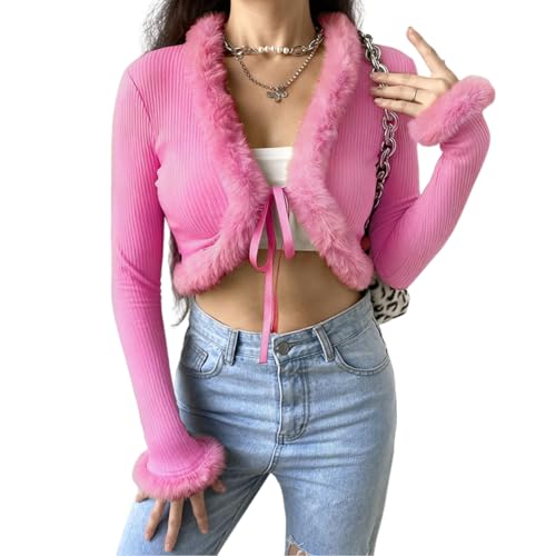 Women's Sexy Feather Trim Blouse Tops Long Sleeve Tie-up Cardigan Faux Fur Crop Top Rave Festival Outfits